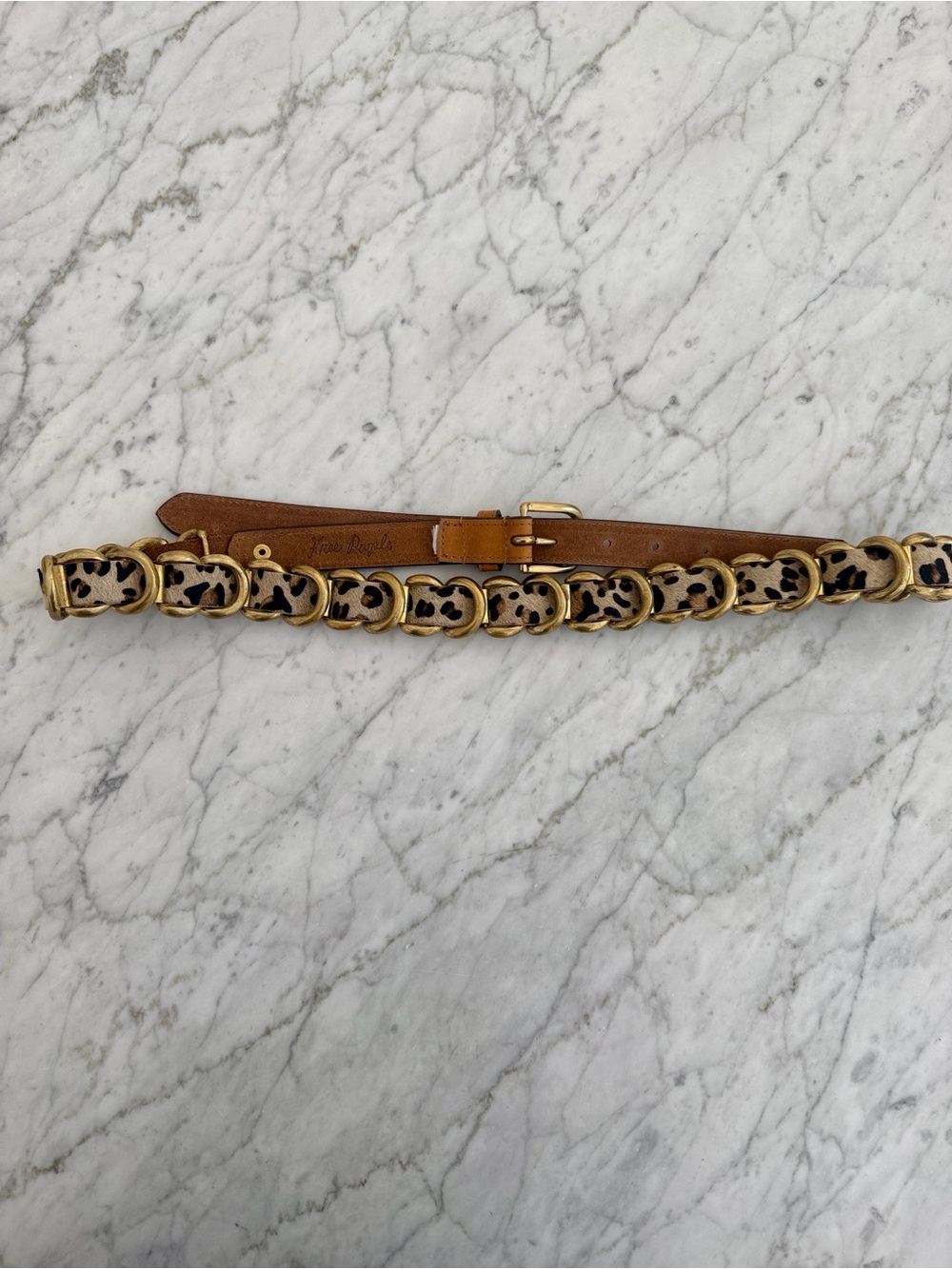 Free People Camel Leather Belt with Gold Chain and Leopard Hair